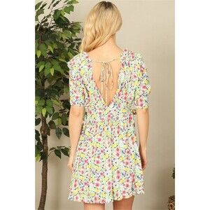 OLIVACEOUS Ditzy Floral Smocked Puff Button Sleeves Ruffle Side Ties Mini Dress